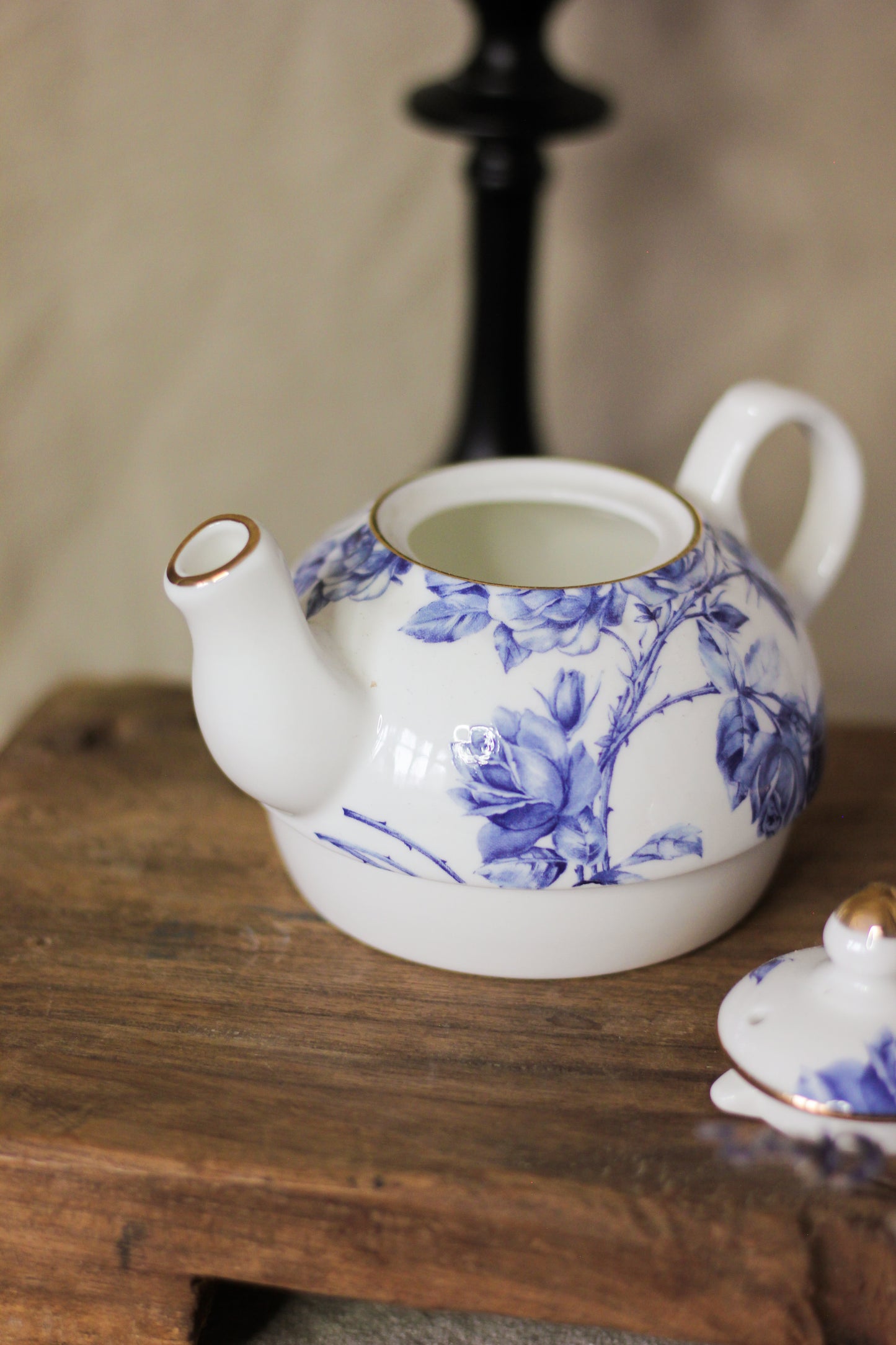 Blue Rose Fine Bone China Teapot, Cup & Saucer Trio