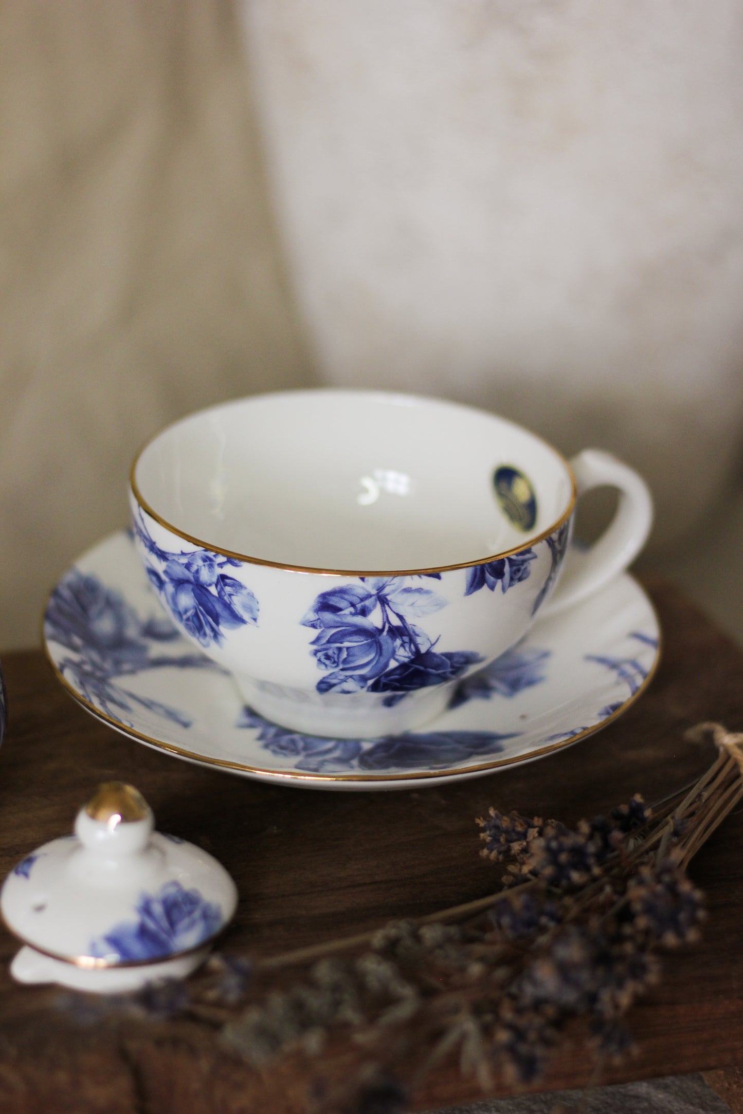 Blue Rose Fine Bone China Teapot, Cup & Saucer Trio