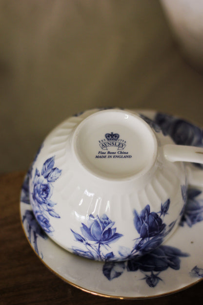 Blue Rose Fine Bone China Teapot, Cup & Saucer Trio